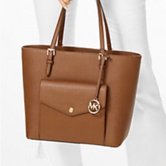 Michael Kors MK Tote Bag Jet Set Large Leather Pocket Color Luggage - Picture 2 of 16